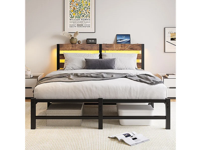 Lit adulte, avec éclairage LED et station de recharge USB, structure métallique, matelas non inclus, marron - 140 x 190 cm