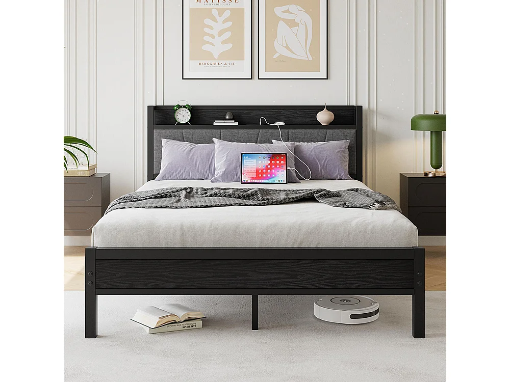 Lit adulte avec éclairage LED intelligent et ports USB, structure métallique, noir - 140 x 200 cm