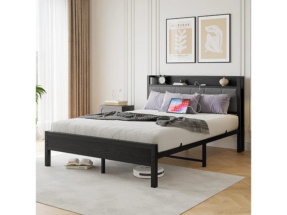 Lit adulte avec éclairage LED intelligent et ports USB, structure métallique, noir - 140 x 200 cm