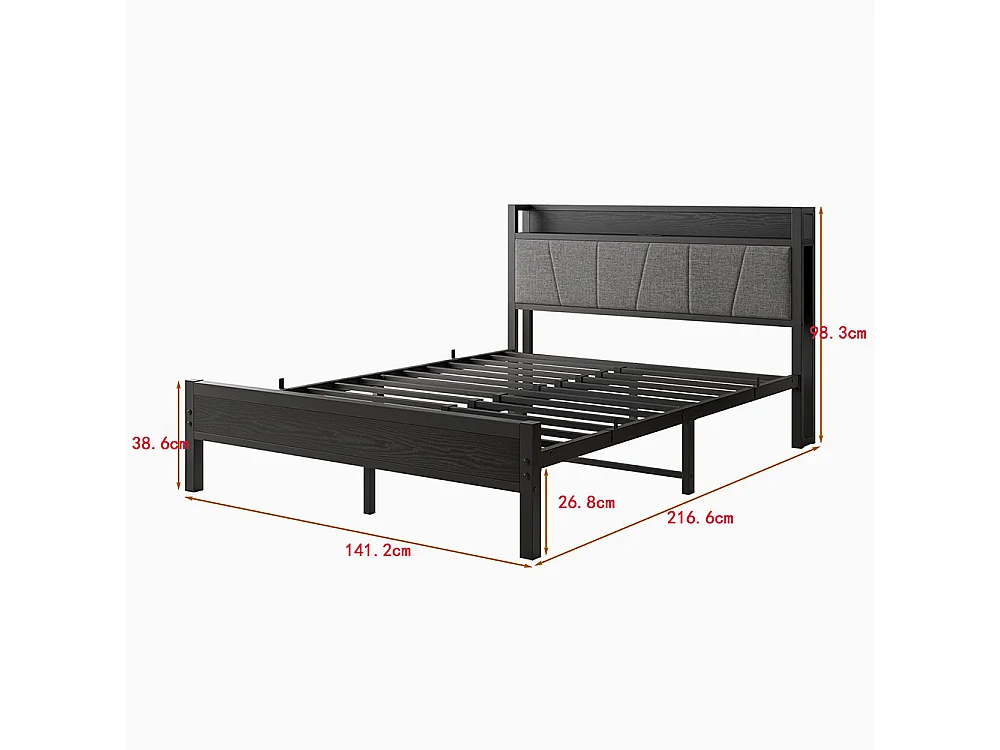 Lit adulte avec éclairage LED intelligent et ports USB, structure métallique, noir - 140 x 200 cm