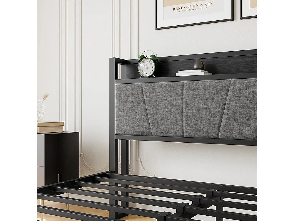 Lit adulte avec éclairage LED intelligent et ports USB, structure métallique, noir - 140 x 200 cm