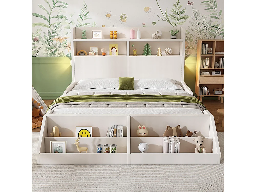 Lit d'enfant avec espace de rangement, veilleuse, bibliothèque amovible, surface blanc pur, bois, blanc - 140x200 cm