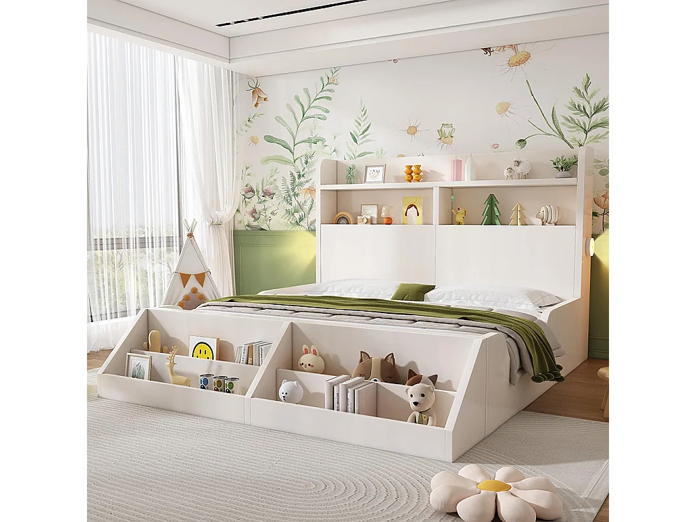 Lit d'enfant avec espace de rangement, veilleuse, bibliothèque amovible, surface blanc pur, bois, blanc - 140x200 cm