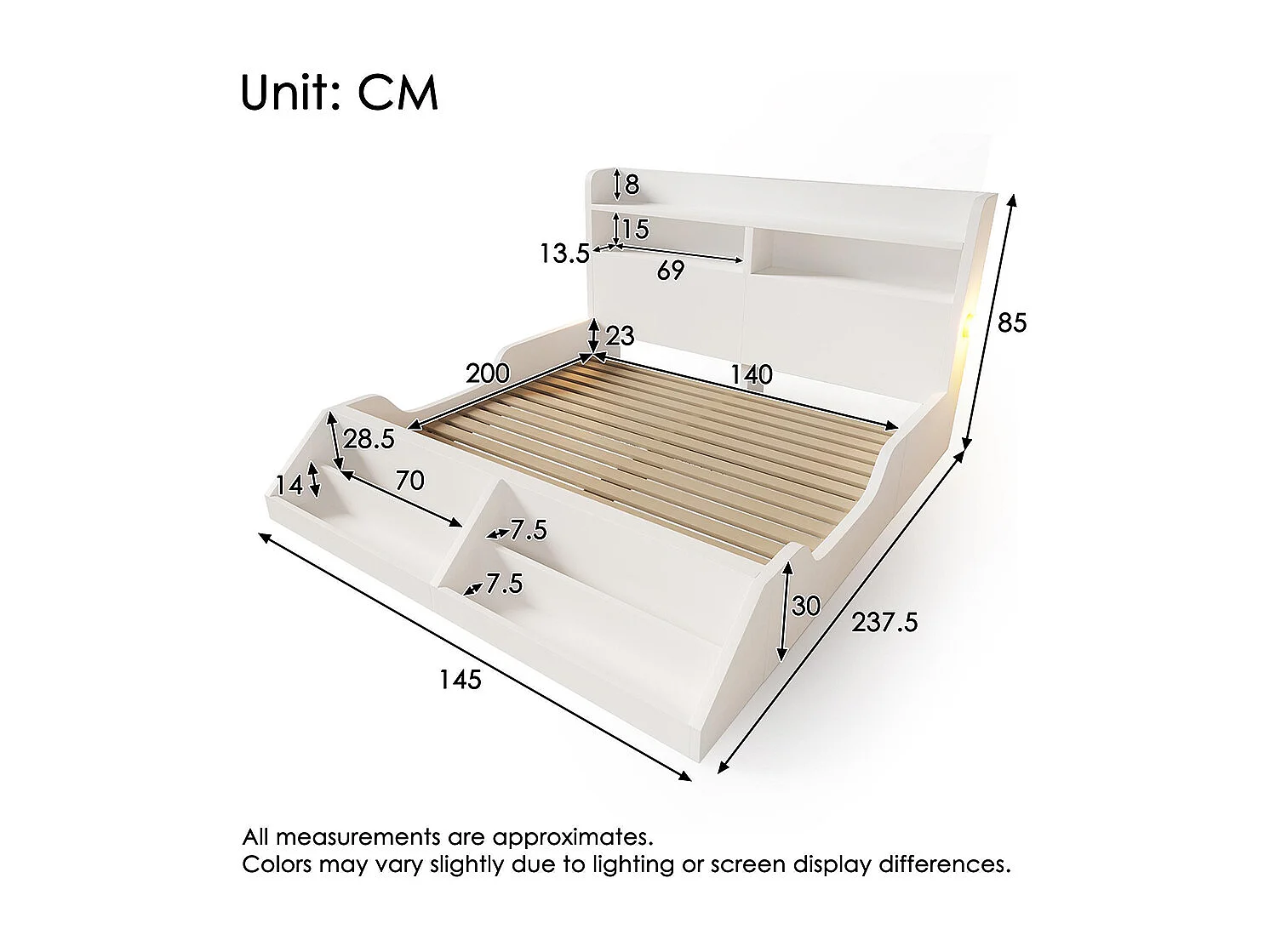 Lit d'enfant avec espace de rangement, veilleuse, bibliothèque amovible, surface blanc pur, bois, blanc - 140x200 cm