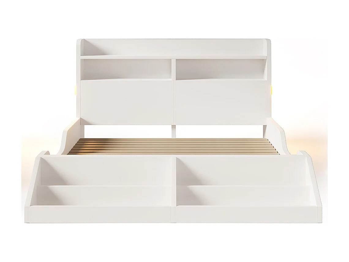 Lit d'enfant avec espace de rangement, veilleuse, bibliothèque amovible, surface blanc pur, bois, blanc - 140x200 cm