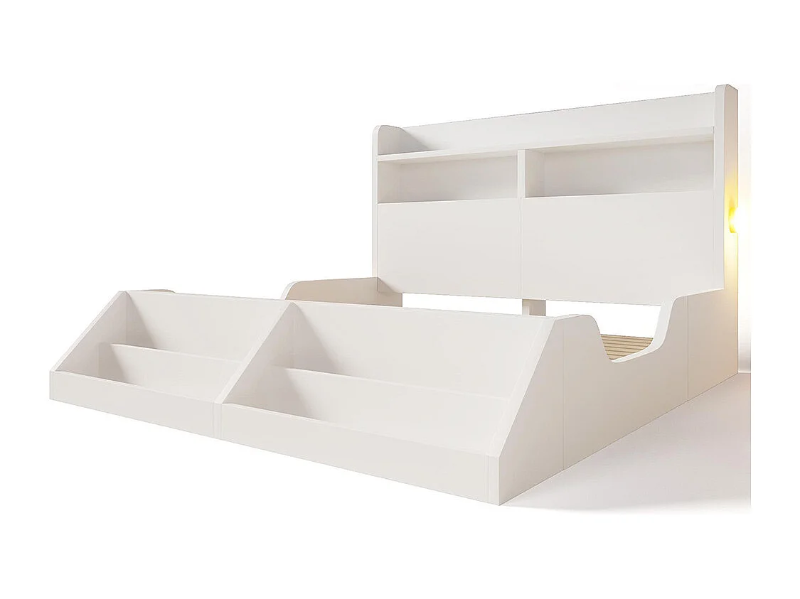 Lit d'enfant avec espace de rangement, veilleuse, bibliothèque amovible, surface blanc pur, bois, blanc - 140x200 cm