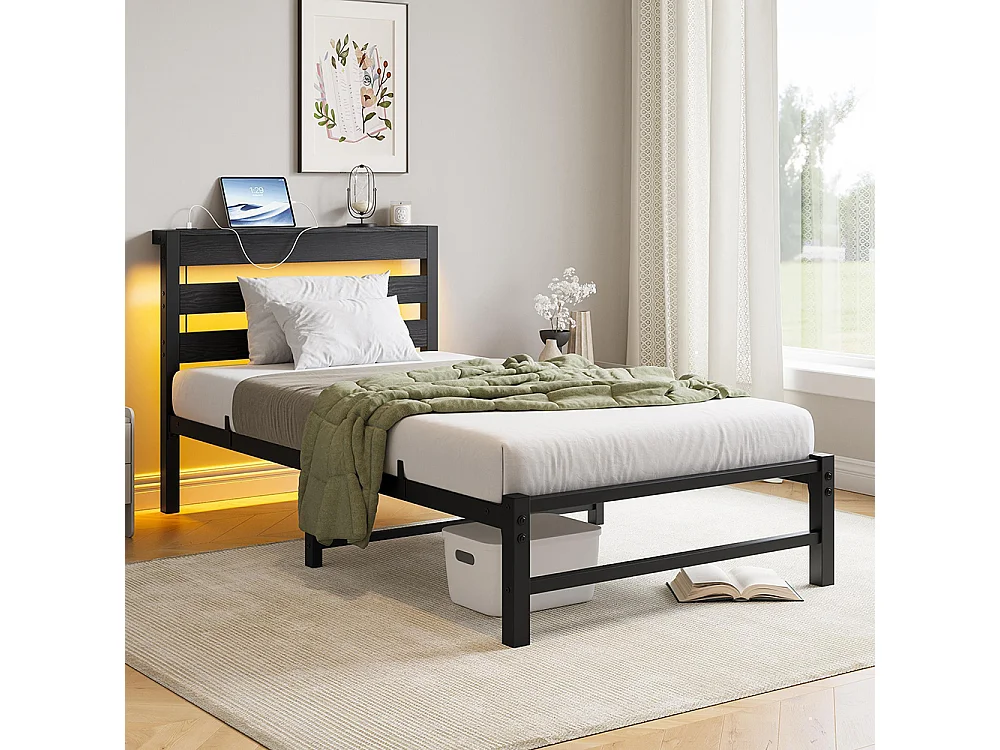 Lit adulte, avec éclairage LED et station de recharge USB, structure métallique, matelas non inclus, noir - 90 x 200 cm