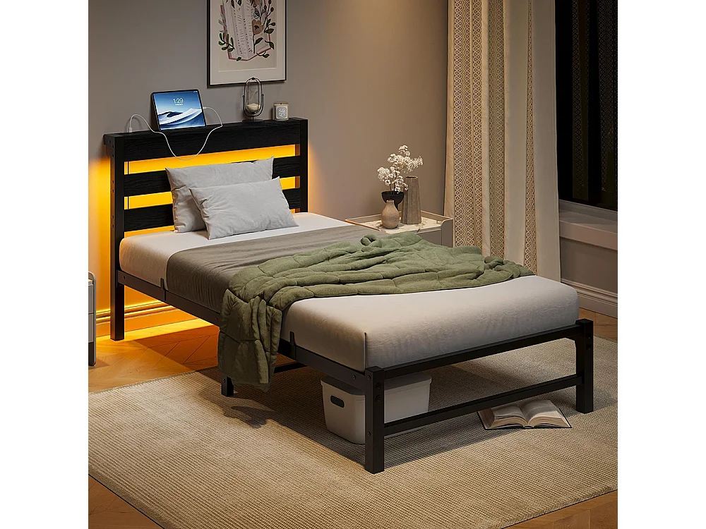 Lit adulte, avec éclairage LED et station de recharge USB, structure métallique, matelas non inclus, noir - 90 x 200 cm