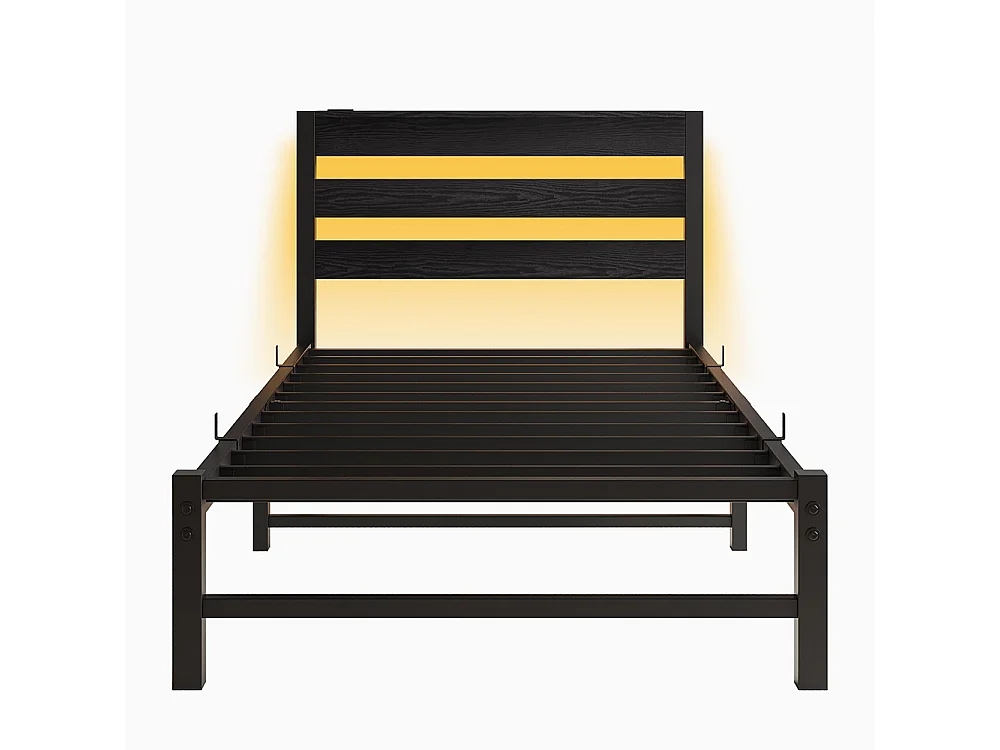 Lit adulte, avec éclairage LED et station de recharge USB, structure métallique, matelas non inclus, noir - 90 x 200 cm