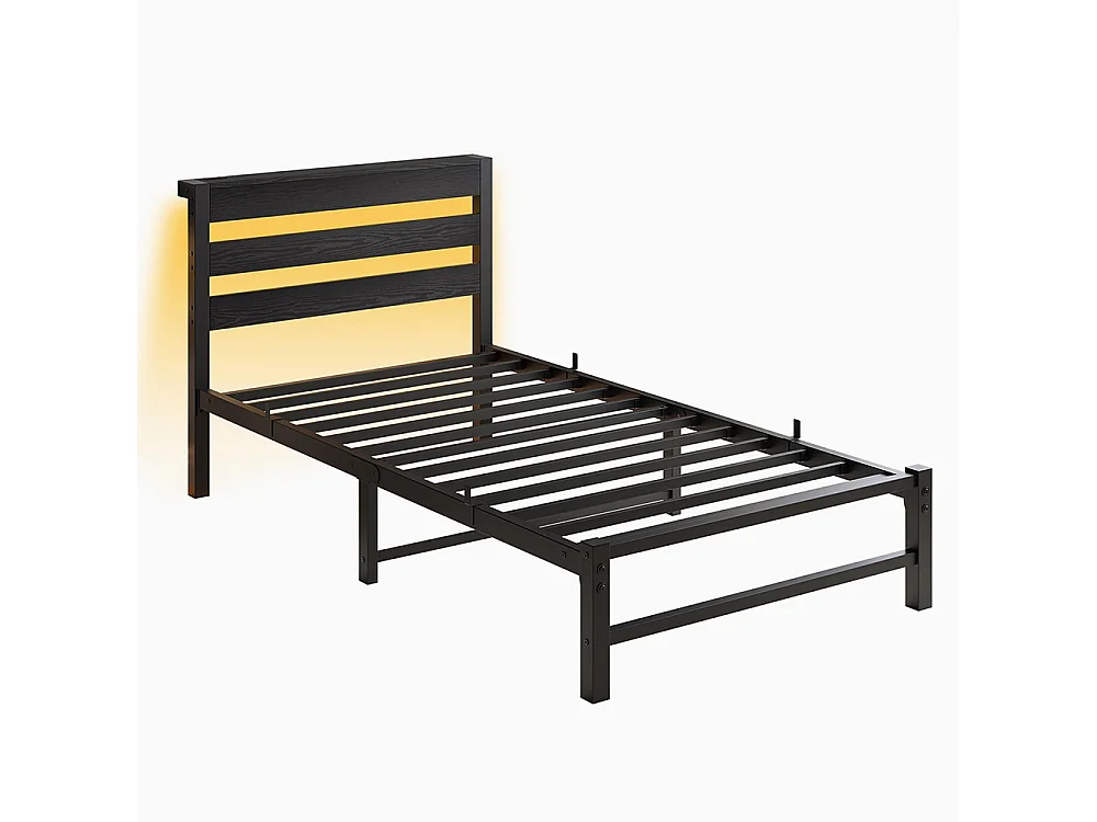 Lit adulte, avec éclairage LED et station de recharge USB, structure métallique, matelas non inclus, noir - 90 x 200 cm