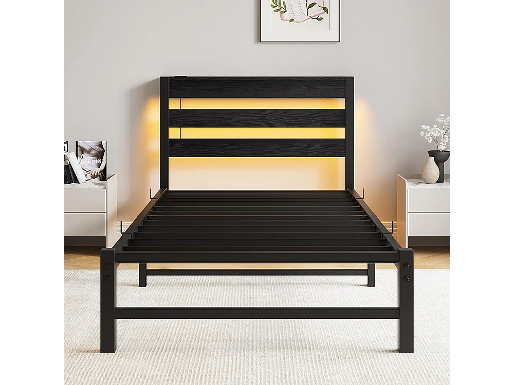 Lit adulte, avec éclairage LED et station de recharge USB, structure métallique, matelas non inclus, noir - 90 x 200 cm