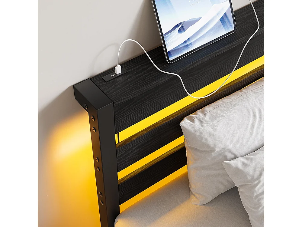 Lit adulte, avec éclairage LED et station de recharge USB, structure métallique, matelas non inclus, noir - 90 x 200 cm
