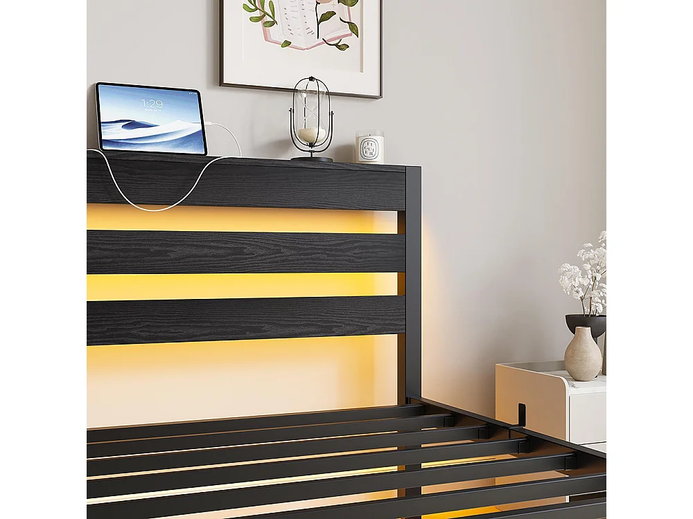 Lit adulte, avec éclairage LED et station de recharge USB, structure métallique, matelas non inclus, noir - 90 x 200 cm