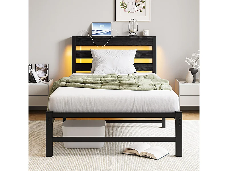 Lit adulte, avec éclairage LED et station de recharge USB, structure métallique, matelas non inclus, noir - 90 x 200 cm