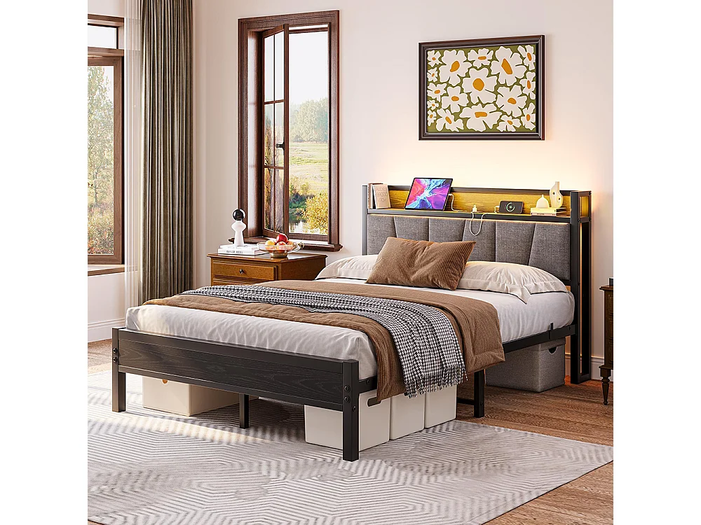 Lit adulte avec éclairage LED intelligent et ports USB, structure métallique, noir - 140 x 190 cm