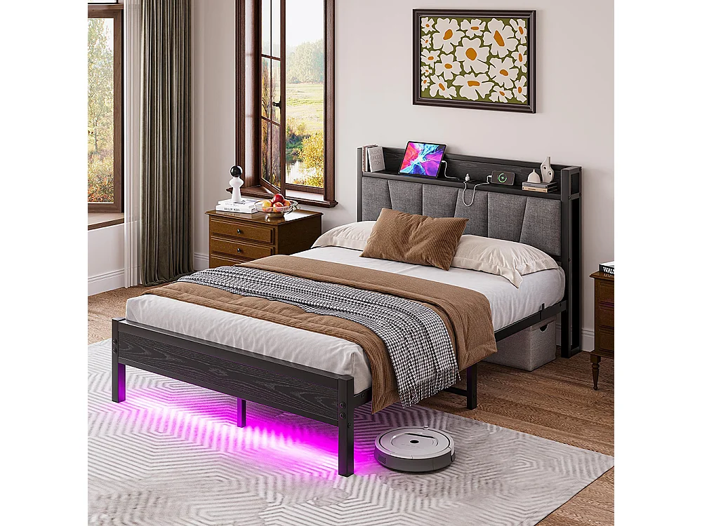Lit adulte avec éclairage LED intelligent et ports USB, structure métallique, noir - 140 x 190 cm