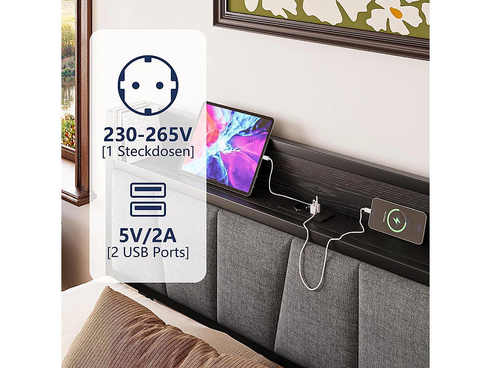 Lit adulte avec éclairage LED intelligent et ports USB, structure métallique, noir - 140 x 190 cm