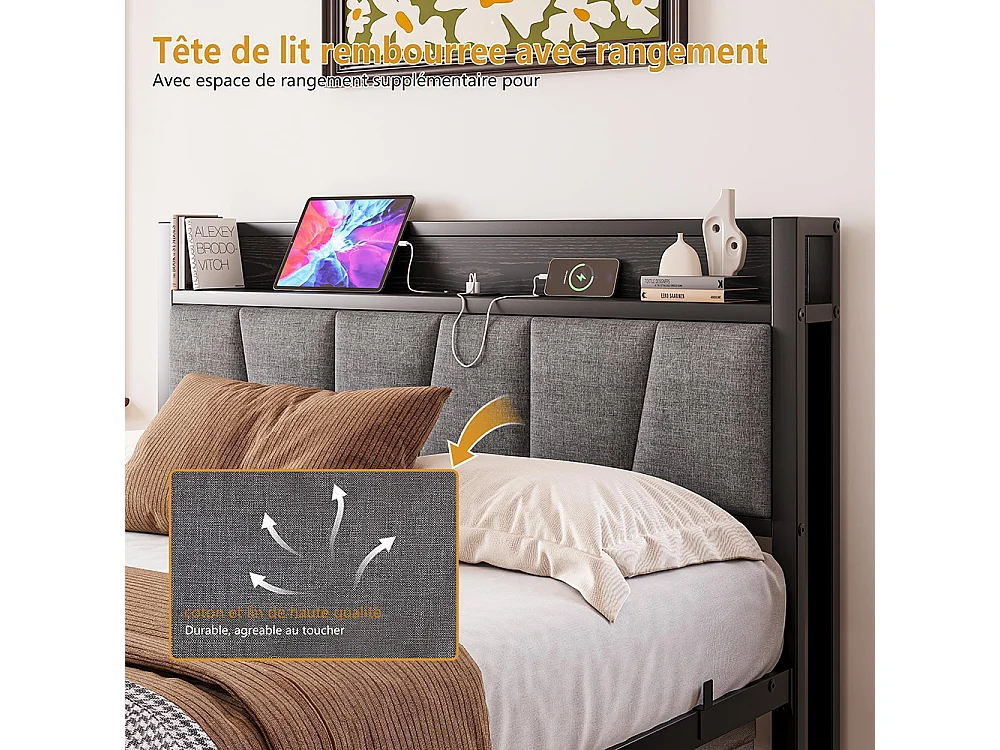 Lit adulte avec éclairage LED intelligent et ports USB, structure métallique, noir - 140 x 190 cm