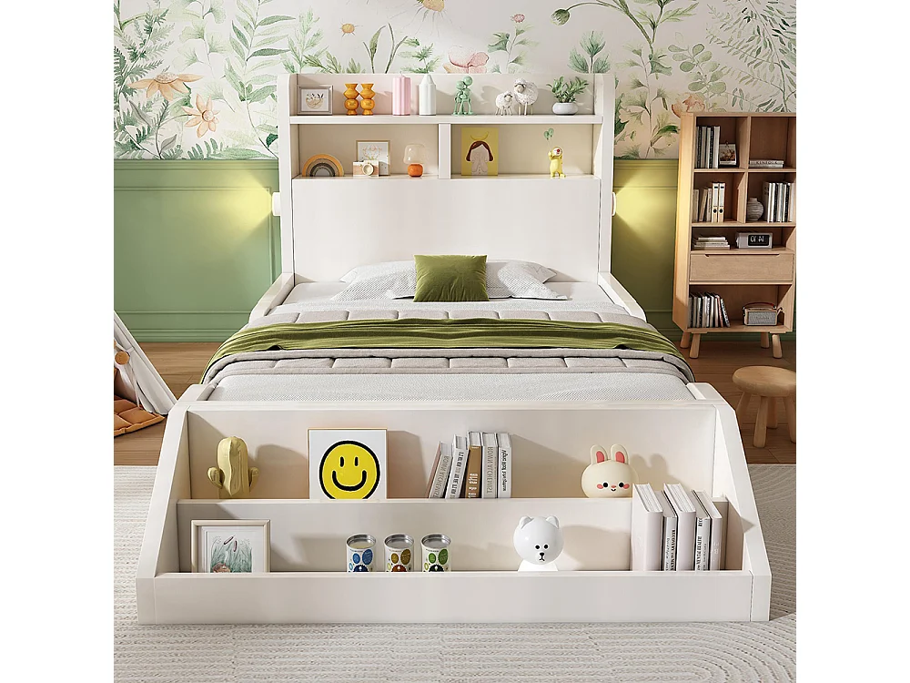Kinderbed met opbergruimte, nachtlampje, verwijderbare boekenplank, puur wit oppervlak, hout, wit - 90x200 cm