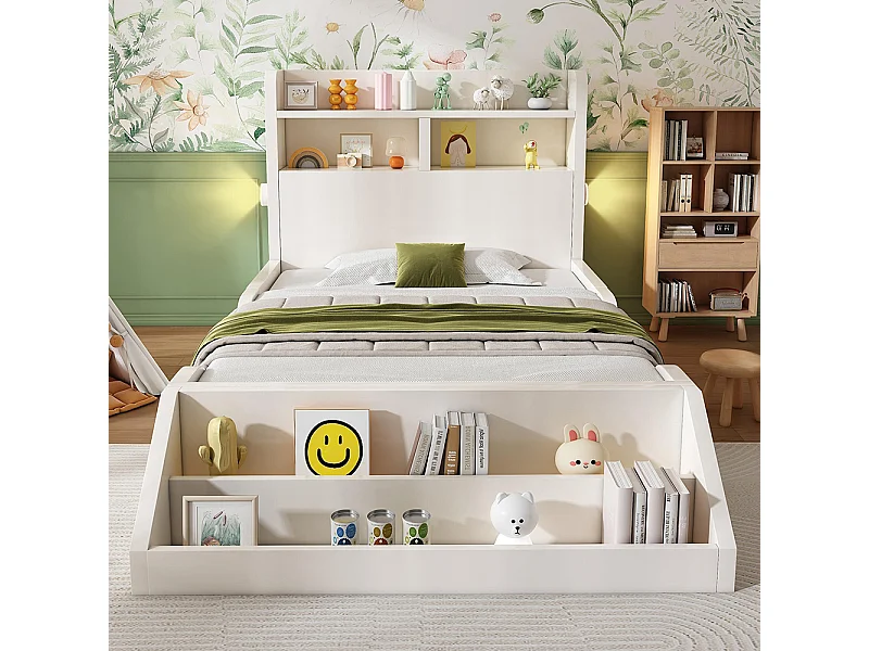 Kinderbed met opbergruimte, nachtlampje, verwijderbare boekenplank, puur wit oppervlak, hout, wit - 90x200 cm