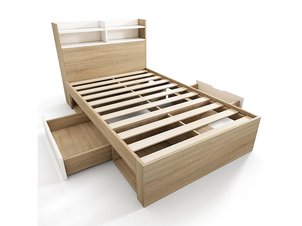 Kinderbed met twee lades en open opbergvakken, gedeeltelijk gemaakt van massief hout, afwerking wit/eiken - 90 x 200 cm