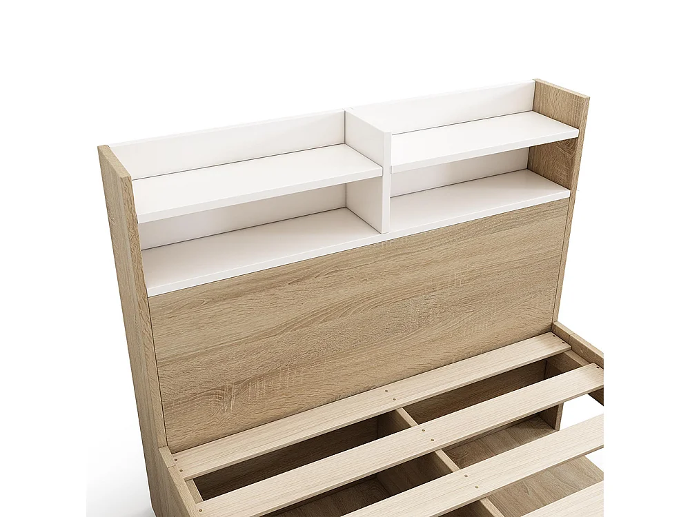 Kinderbed met twee lades en open opbergvakken, gedeeltelijk gemaakt van massief hout, afwerking wit/eiken - 90 x 200 cm