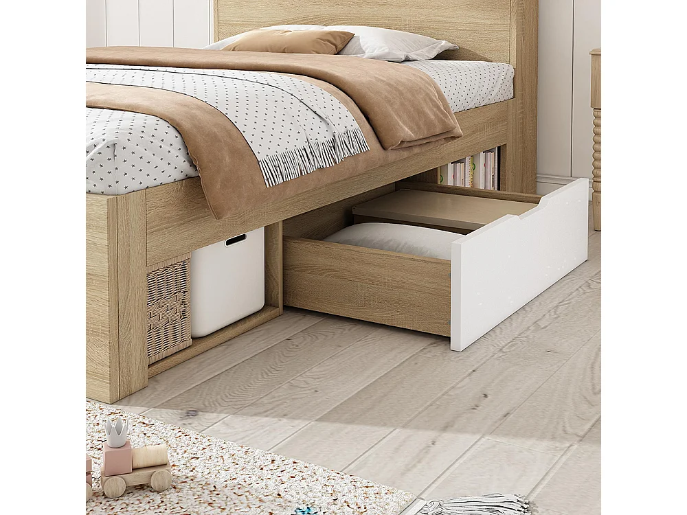 Kinderbed met twee lades en open opbergvakken, gedeeltelijk gemaakt van massief hout, afwerking wit/eiken - 90 x 200 cm