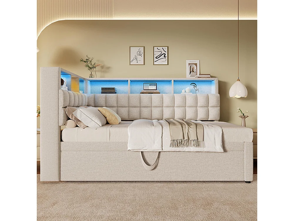 Lit rembourré 90x200 avec lit escamotable 90x190, LED, enceinte Bluetooth, ports de charge USB et Type-C, lin, matelas non inclus , beige