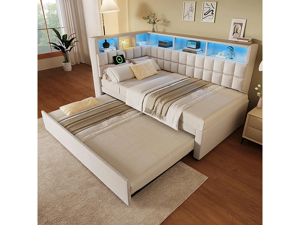 Lit rembourré 90x200 avec lit escamotable 90x190, LED, enceinte Bluetooth, ports de charge USB et Type-C, lin, matelas non inclus , beige