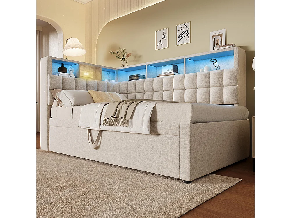 Lit rembourré 90x200 avec lit escamotable 90x190, LED, enceinte Bluetooth, ports de charge USB et Type-C, lin, matelas non inclus , beige