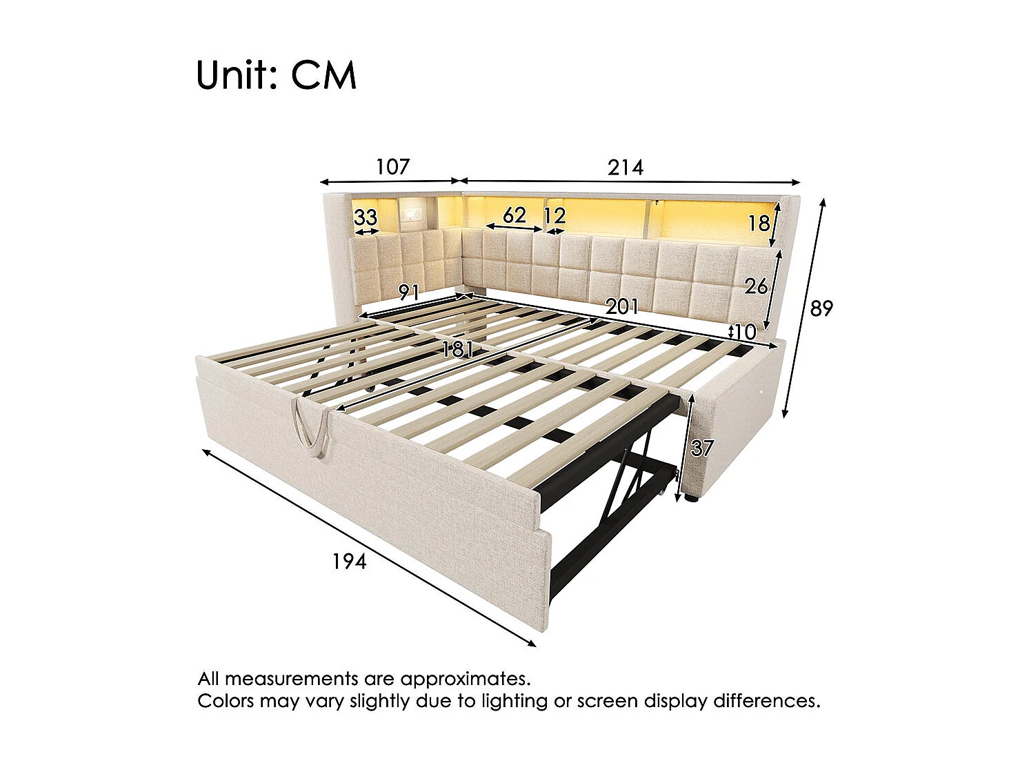 Lit rembourré 90x200 avec lit escamotable 90x190, LED, enceinte Bluetooth, ports de charge USB et Type-C, lin, matelas non inclus , beige