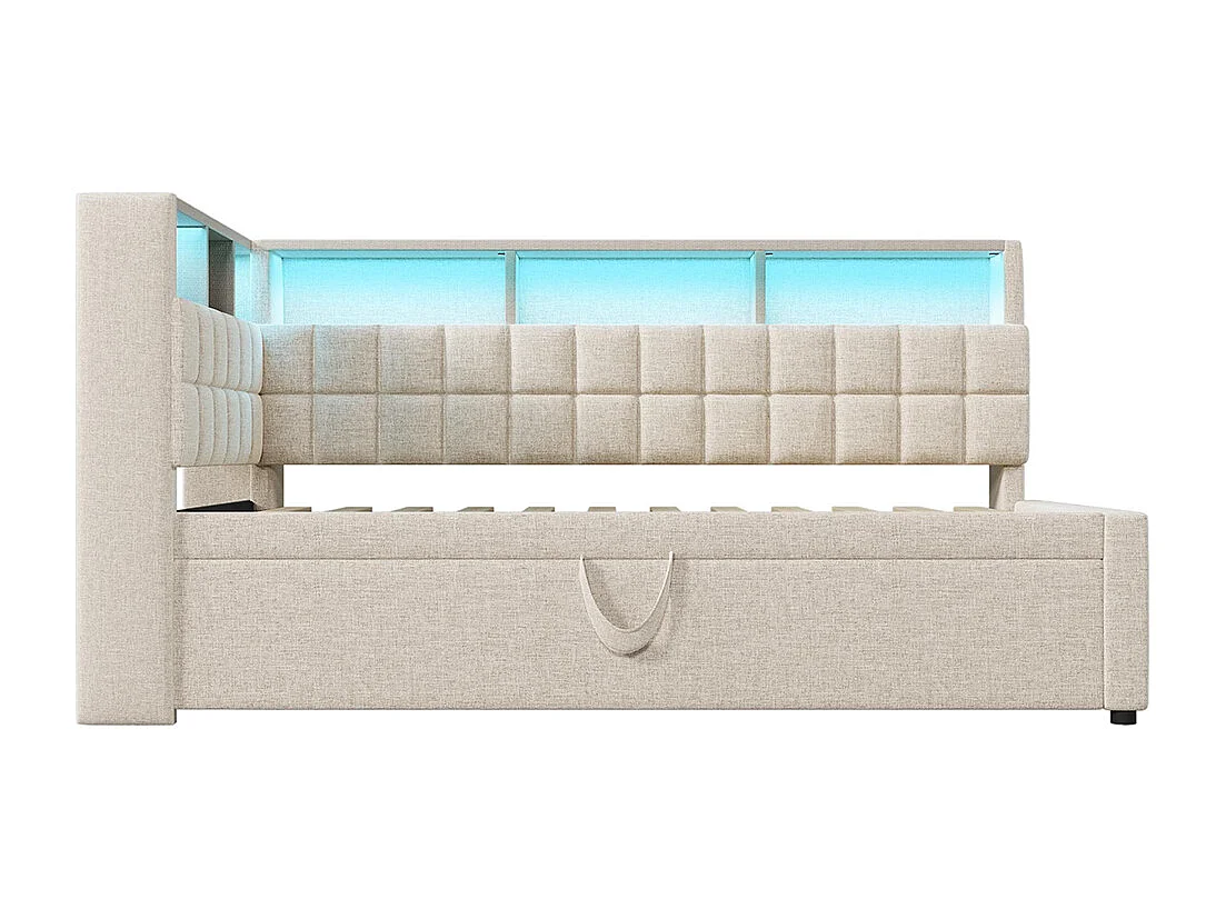 Lit rembourré 90x200 avec lit escamotable 90x190, LED, enceinte Bluetooth, ports de charge USB et Type-C, lin, matelas non inclus , beige