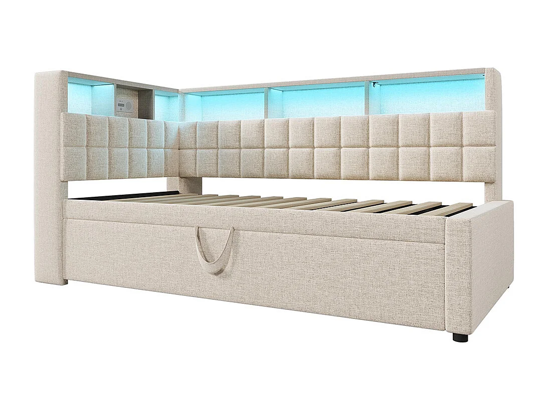Lit rembourré 90x200 avec lit escamotable 90x190, LED, enceinte Bluetooth, ports de charge USB et Type-C, lin, matelas non inclus , beige