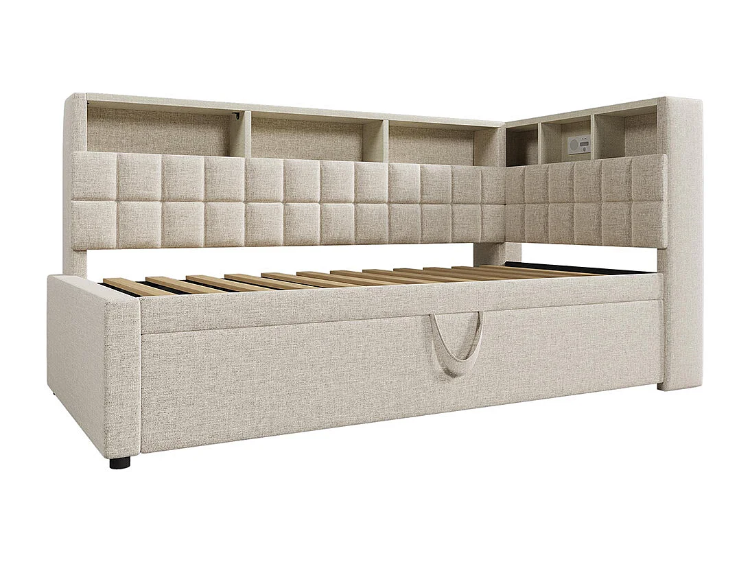 Lit rembourré 90x200 avec lit escamotable 90x190, LED, enceinte Bluetooth, ports de charge USB et Type-C, lin, matelas non inclus , beige