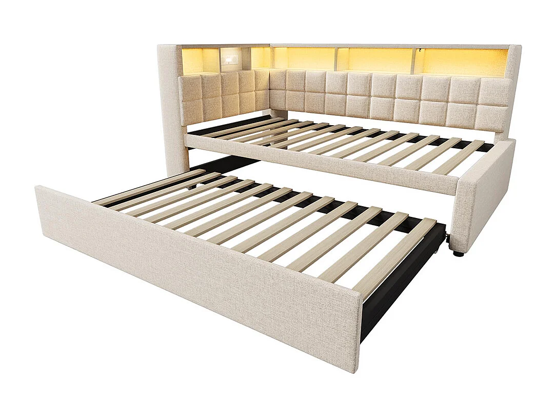 Lit rembourré 90x200 avec lit escamotable 90x190, LED, enceinte Bluetooth, ports de charge USB et Type-C, lin, matelas non inclus , beige