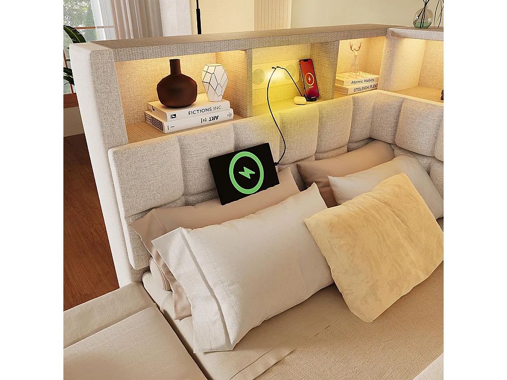 Lit rembourré 90x200 avec lit escamotable 90x190, LED, enceinte Bluetooth, ports de charge USB et Type-C, lin, matelas non inclus , beige