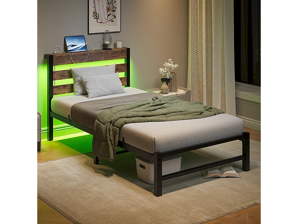 Lit adulte, avec éclairage LED et station de recharge USB, structure métallique, matelas non inclus, marron - 90 x 200 cm