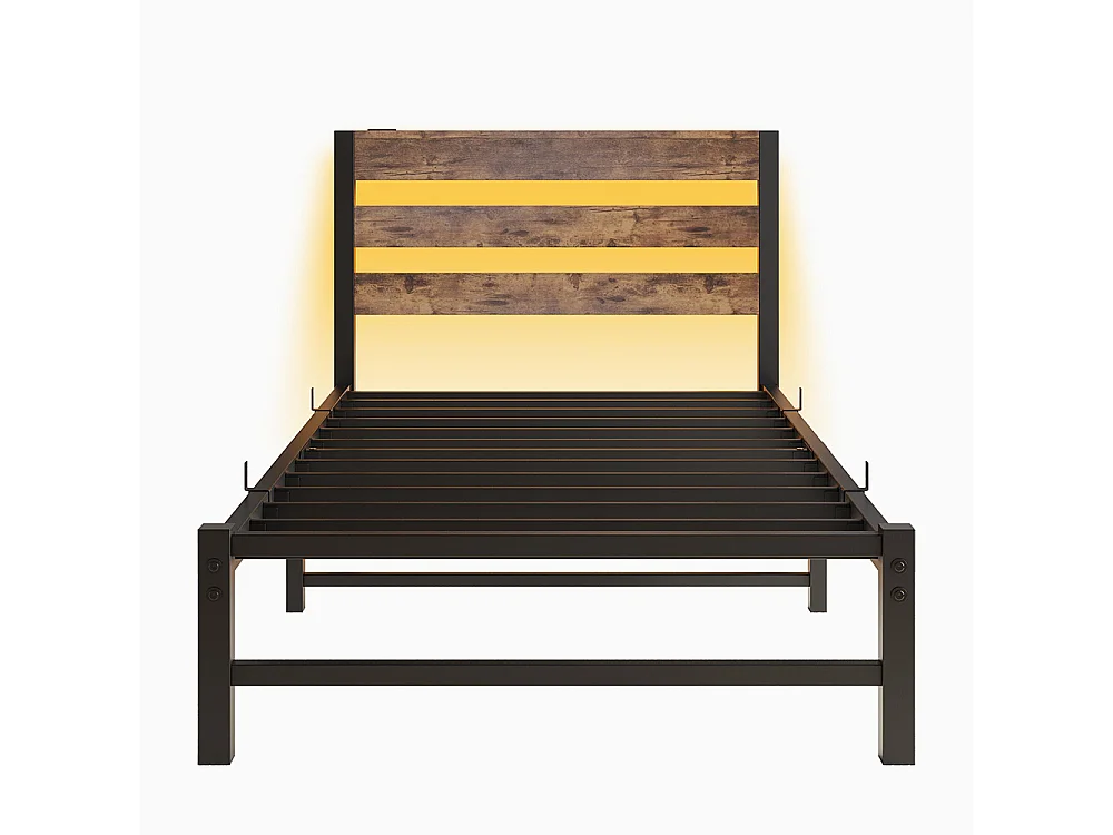 Lit adulte, avec éclairage LED et station de recharge USB, structure métallique, matelas non inclus, marron - 90 x 200 cm