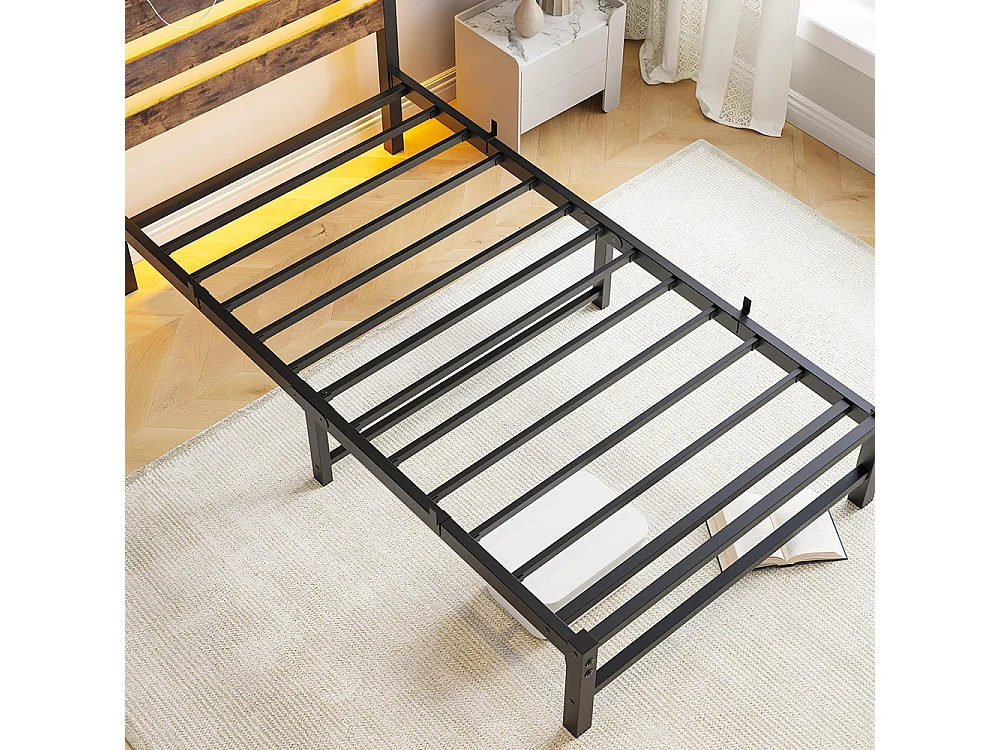 Lit adulte, avec éclairage LED et station de recharge USB, structure métallique, matelas non inclus, marron - 90 x 200 cm