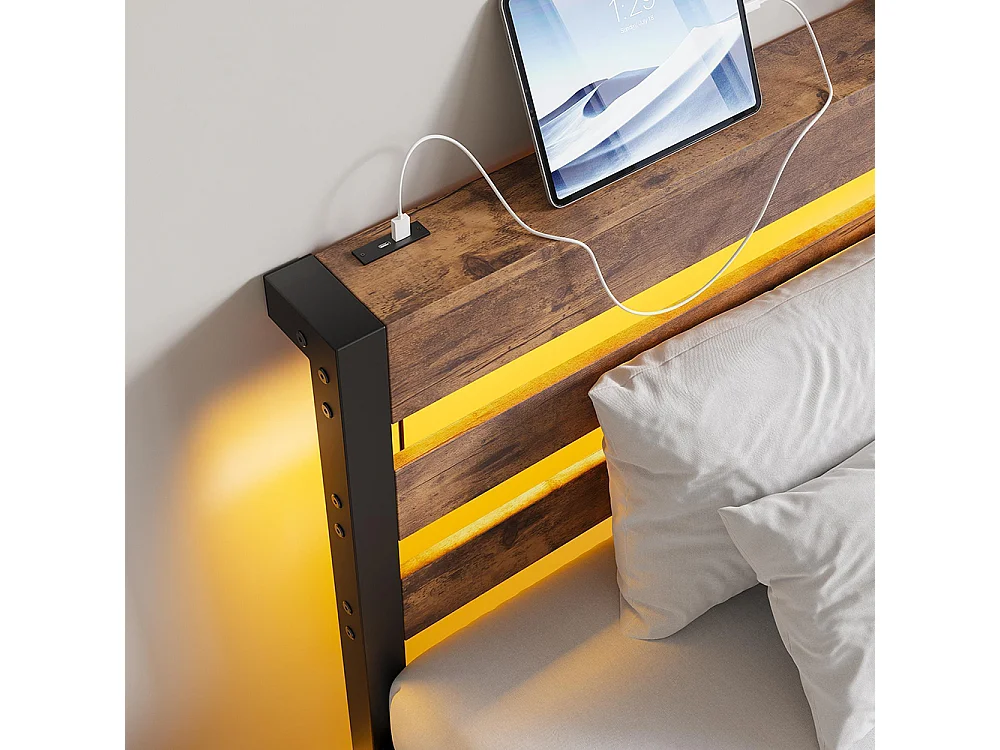 Lit adulte, avec éclairage LED et station de recharge USB, structure métallique, matelas non inclus, marron - 90 x 200 cm