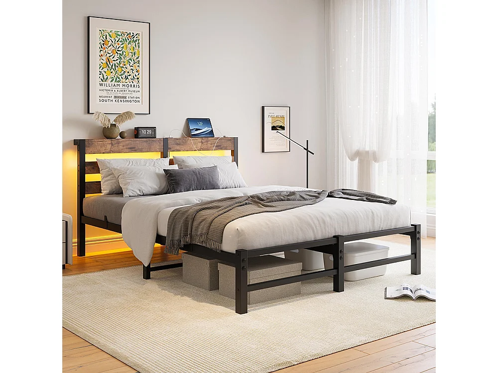 Lit adulte, avec éclairage LED et station de recharge USB, structure métallique, matelas non inclus, marron - 140 x 200 cm