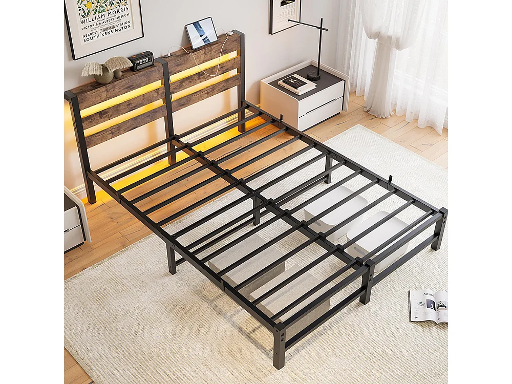 Lit adulte, avec éclairage LED et station de recharge USB, structure métallique, matelas non inclus, marron - 140 x 200 cm