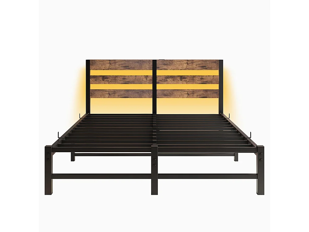 Lit adulte, avec éclairage LED et station de recharge USB, structure métallique, matelas non inclus, marron - 140 x 200 cm