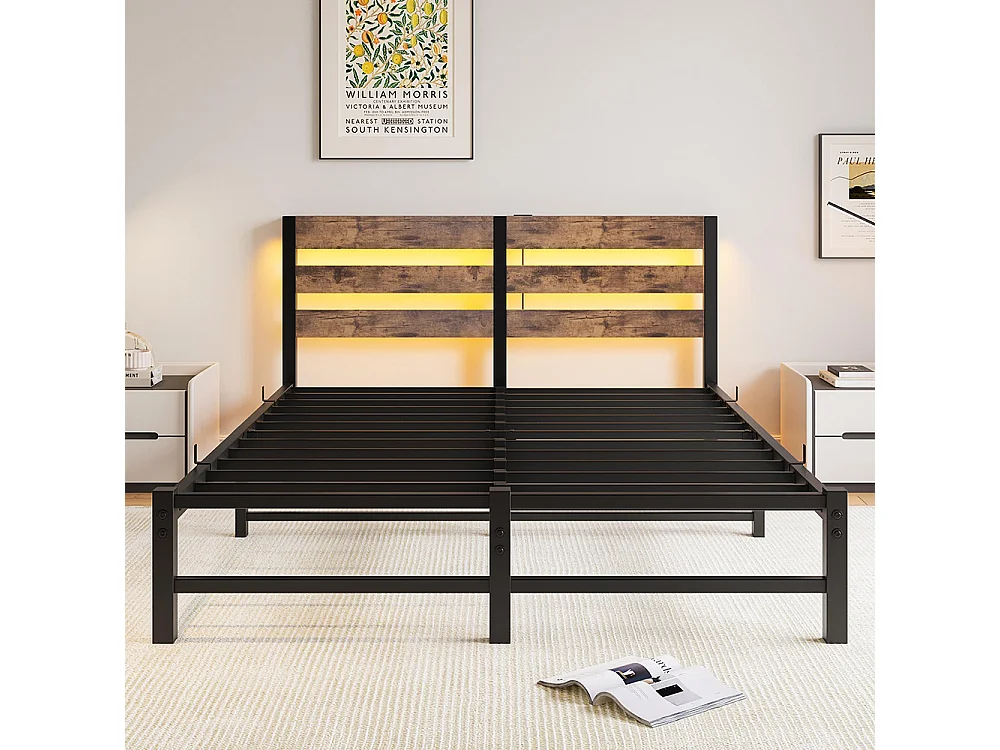 Lit adulte, avec éclairage LED et station de recharge USB, structure métallique, matelas non inclus, marron - 140 x 200 cm