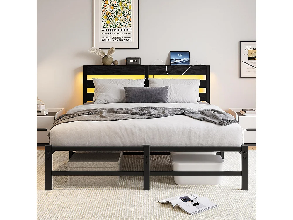 Lit adulte, avec éclairage LED et station de recharge USB, structure métallique, matelas non inclus, noir - 140 x 190 cm