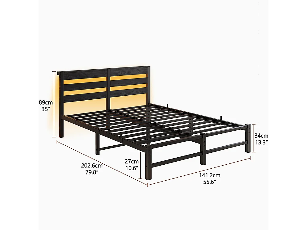 Lit adulte, avec éclairage LED et station de recharge USB, structure métallique, matelas non inclus, noir - 140 x 190 cm