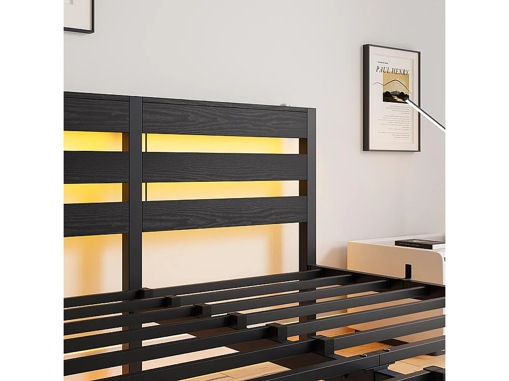 Lit adulte, avec éclairage LED et station de recharge USB, structure métallique, matelas non inclus, noir - 140 x 190 cm