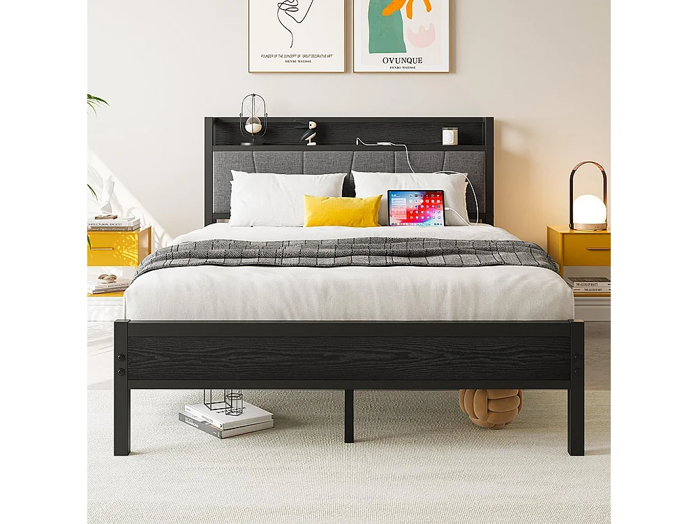 Lit adulte avec éclairage LED intelligent et ports USB, structure métallique, noir - 120 x 200 cm