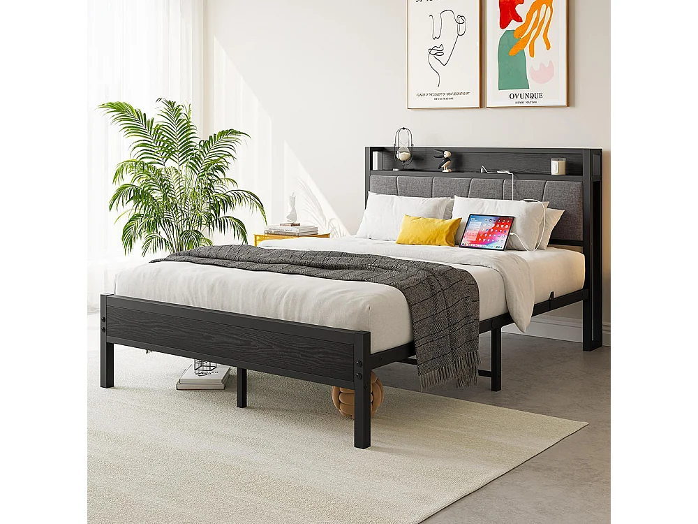 Lit adulte avec éclairage LED intelligent et ports USB, structure métallique, noir - 120 x 200 cm