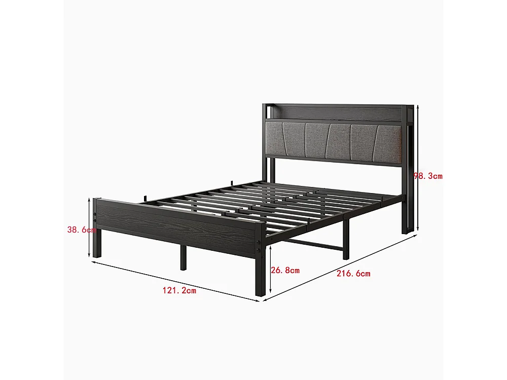 Lit adulte avec éclairage LED intelligent et ports USB, structure métallique, noir - 120 x 200 cm